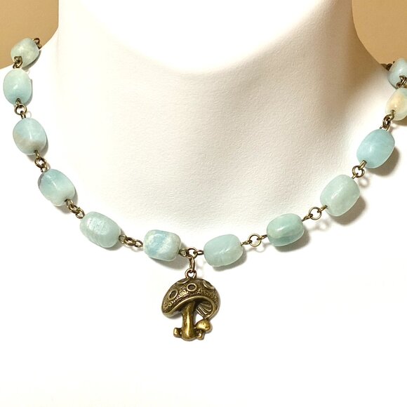 Natural Light Teal Amazonite Necklace, Bronze Round Mushroom + Genuine Gemstone - Picture 2 of 12